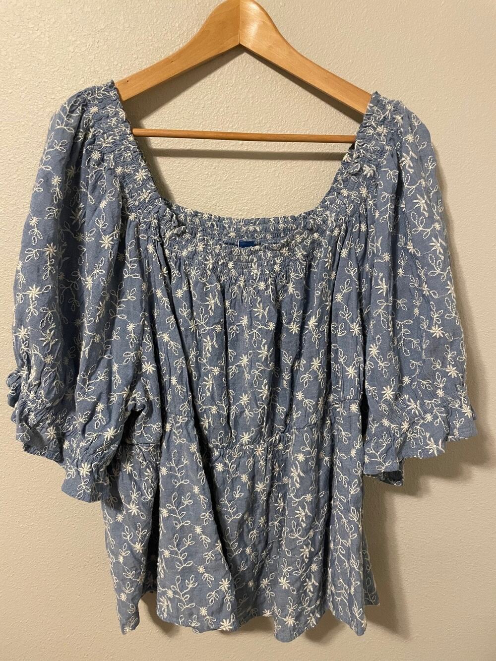 Old Navy Tunic Top Womens 3X Blue Floral Embroidered Square Neck Boho Peasant